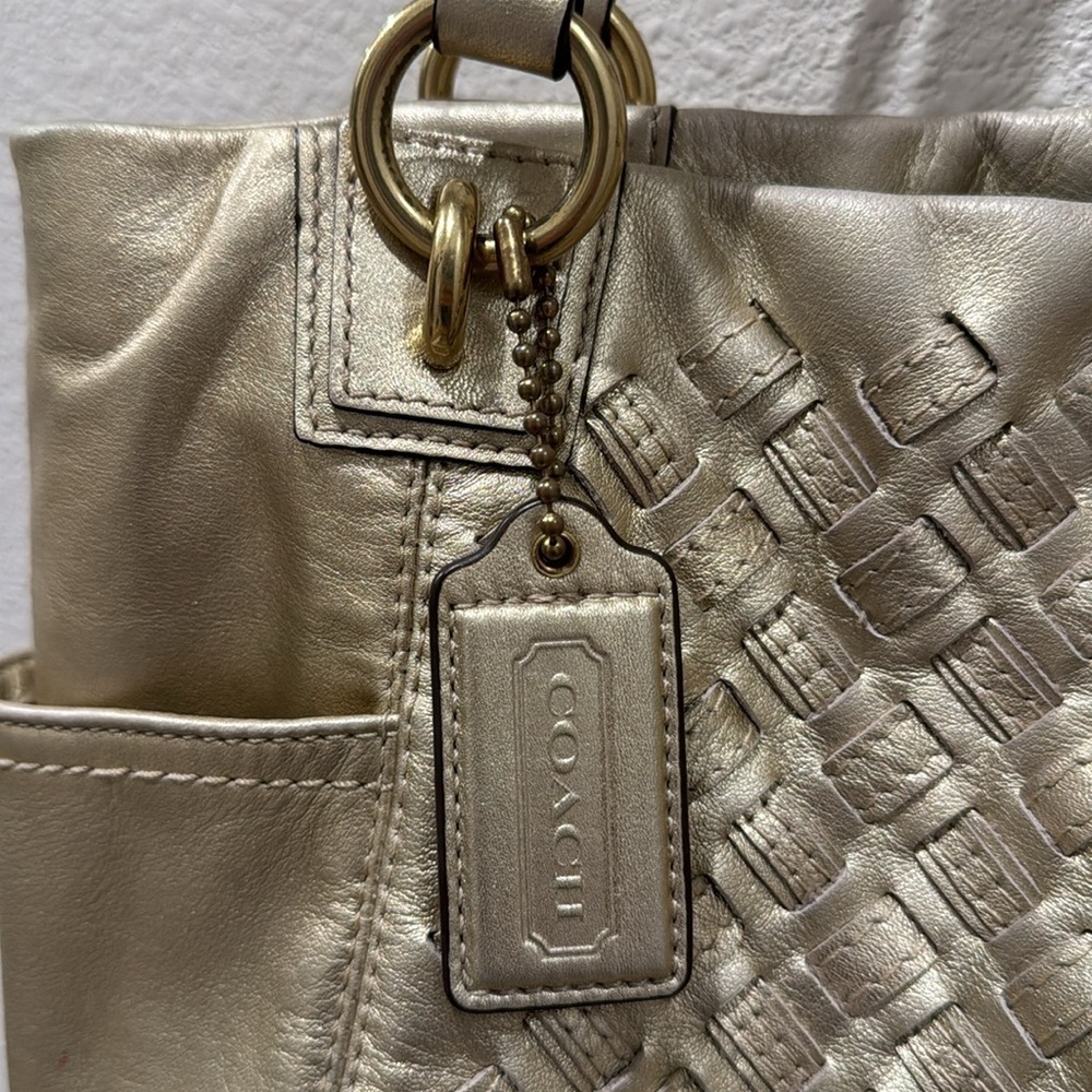 COACH- North South Metallic Woven Leather Gold‎ Leather Shoulder Bag Tote F17099 - Picture 3 of 17